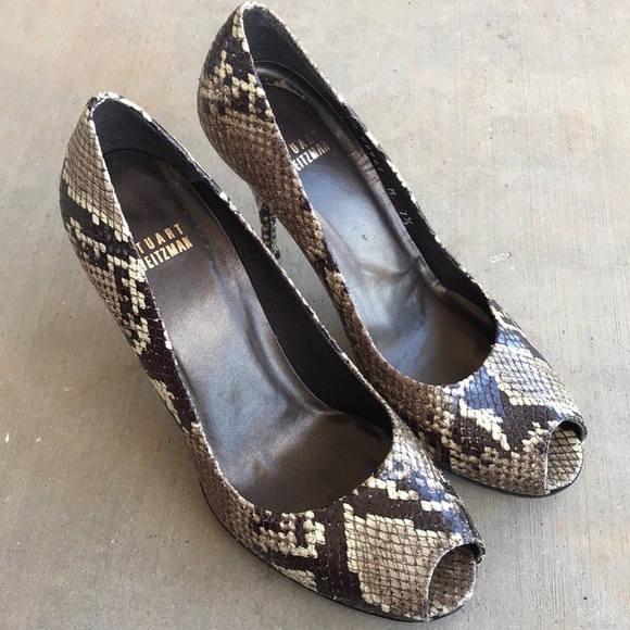 Stuart Weitzman Snakeskin Peep Toe Kitten Heels - Picture 5 of 8